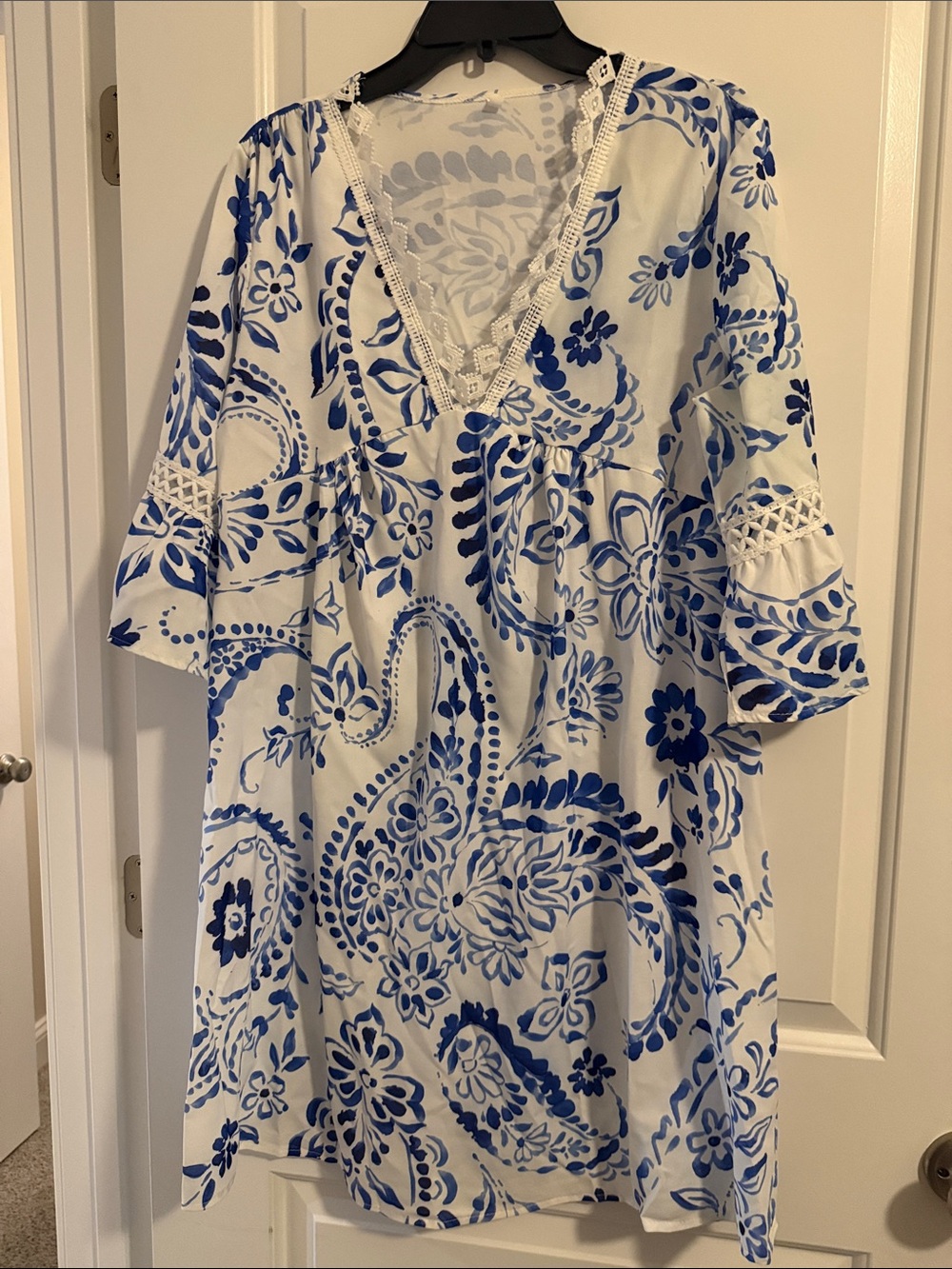 White & Blue Floral Paisley V-Neck Tunic Dress